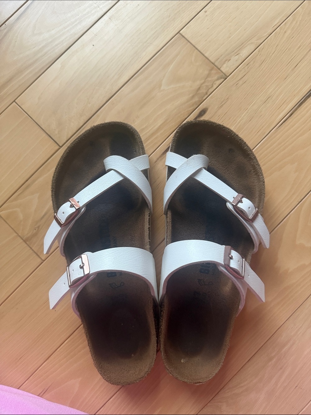Birkenstock White Leather Double Strap Sandals with Rose Gold Buckles